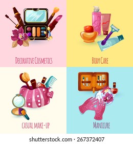 Cosmetics design concept set with casual make-up manicure body care icons isolated vector illustration