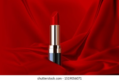 cosmetics design red lipstick on a red silk background vector mock up