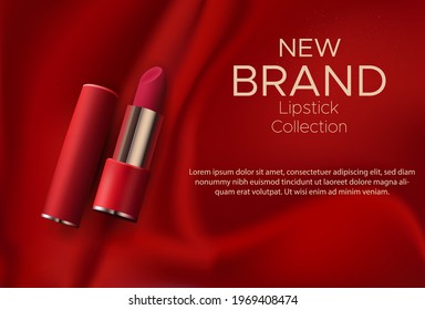 Cosmetics design red lipstick on a red silk background