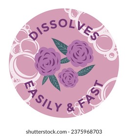 Paquete de productos cosméticos o detergentes o logotipo con ramo de burbujas y rosas. Etiqueta aislada para el envase de jabón o champú. Bienes para la limpieza de casas y la vida cotidiana. Vector de estilo plano