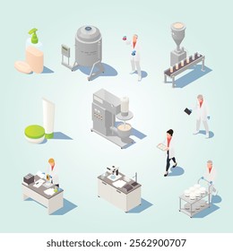 cosmetics detergent production isometric flowchart with development testing row material mixing bott