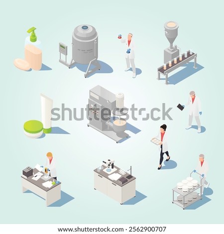 cosmetics detergent production isometric flowchart with development testing row material mixing bott