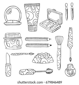 Cosmetics doodle icons black and white hand drawn vector set