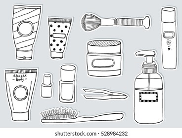 Cosmetics doodle stickers set