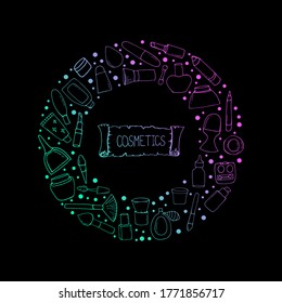Cosmetics. Doodle style.  Nail Polish on a white background. Vector isolated illustration with a set of cosmetics. Eye shadow, mascara, lipstick, cream, lotion, eyeliner, lip gloss.