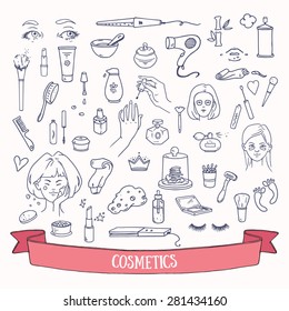 Cosmetics doodles. Hand drawn vector set of beauty and self-care signs.