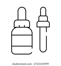 Kosmetiktropfflasche mit einem Etikett neben einer einzelnen Pipette, die Serum-, Öl- oder Essenz-Produktanwendung und Schönheitspflege in einem sauberen Linien-Art-Stil veranschaulicht