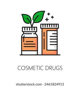 Cosmetics drugs, face care treatment line color icon. Dermatology treatment, skincare product outline vector pictogram. Skin care cosmetics drugs thin line sign or symbol with pills containers