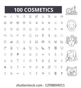 Cosmetics editable line icons, 100 vector set, collection. Cosmetics black outline illustrations, signs, symbols