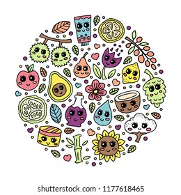 Cosmetics element round banner. Set of organic cosmetics components. Vector illustration.