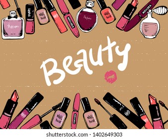 cosmetics elements beauty products. frame hand drawn cosmetics. Makeup. fashion makeup banner. Vector illustration circle frame. Cosmetics shop, beauty salon.Nail polish, perfume, lipstick