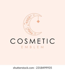 Cosmetics emblem vector logo design. Crescent and stars logotype. Bohemian logo template.