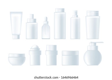 Cosmetics empty bottle advertisement realistic set. Vector graphic design isolated illustration
