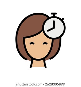Cosmetics exposure time color icon. Skin and hair care. Woman applies hair or face mask. Hair care and bath icon. Wrap the hair and wait for the treatment effect using a timer.