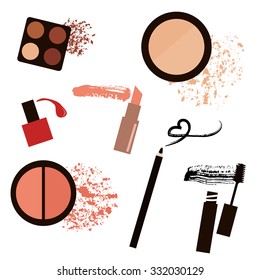 Cosmetics: eye shadow, face powder, blush, mascara, lipstick, nail Polish. Vector isolated illustration.