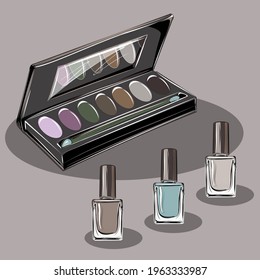 Cosmetics, eye shadow palettes, creams, nail polishes, foundation, powder. Body and face treatments. Beauty salon, cosmetology clinic. Everything can be scaled and moved. Isolated vector objects.