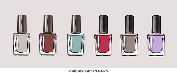 Cosmetics, eye shadow palettes, creams, nail polishes, foundation, powder. Body and face treatments. Beauty salon, cosmetology clinic. Everything can be scaled and moved. Isolated vector objects.
