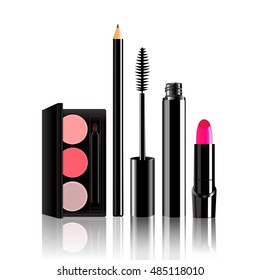 Cosmetics, Eye Shadow Palettes, Eyebrow pencil, Mascara and Pink lipstick isolate on white background.