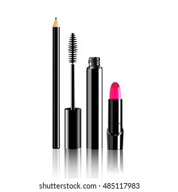 Cosmetics, Eyebrow pencil, Mascara and Pink lipstick isolate on white background.