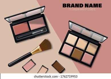 Cosmetics eyeshadow palette ads. Product placement. Eyeshadow products and makeup brush isolated in 3d illustration