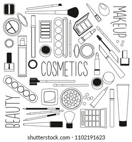 Cosmetics for face makeup. Vector set of contour objects for makeup. Eye shadow, powder, brush, lipstick, pencil, mascara, sponge.