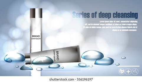 Cosmetics for face, series of deep cleansing, the idea of advertising your product design, water drops and reflections. Vector Illustration