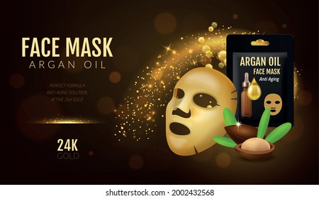 Máscara facial de cosméticos. Tapa de oro de belleza 3D realista con aceite de argán. Fórmula esencial antiedad para el cuidado de la piel. Partículas luminosas y burbujas séricas de oro. Concepto de publicidad de vectores