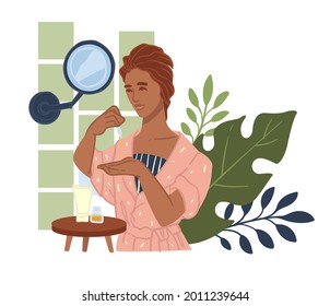 Cosmetics for facial skin care and treatment, female character applying oily serum for moisturizing and wellness. Lady in bathroom wearing robe, home procedures for beauty. Vector in flat style
