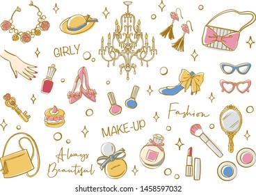 Cosmetics and Fashion accessories set. Hand drawn vector illustration.