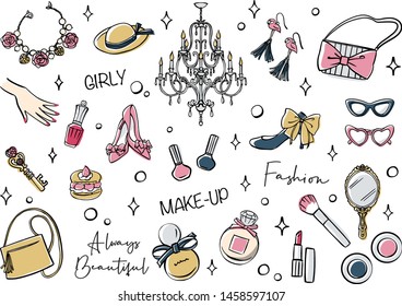 Cosmetics and Fashion accessories set. Hand drawn vector illustration.