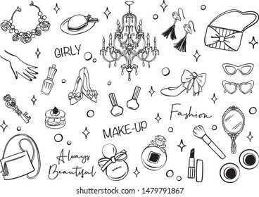 Cosmetics and Fashion accessories set. Hand drawn vector illustration.	