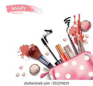 Cosmetics and fashion background  with  cosmetic bag and  make up artist objects: lipstick, eye shadows, eyeliner, brush , nail polish. Vector illustration.