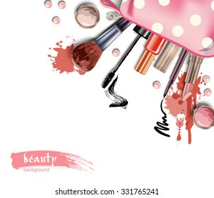 Cosmetics and fashion background  with  cosmetic bag and  make up artist objects: lipstick, eye shadows, eyeliner, brush , nail polish. Vector illustration.