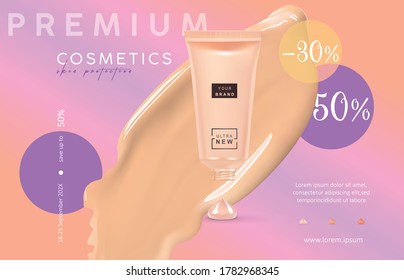 Cosmetics and fashion background with foundation cream. Make-up sale banner template with place for your text. Vector cosmetics voucher, flyer, banner or web-site header design.