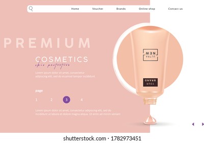 Cosmetics and fashion background with foundation cream. Make-up sale banner template with place for your text. Vector cosmetics voucher, flyer, banner or web-site header design.