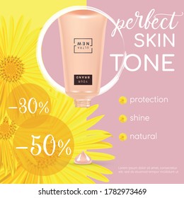 Cosmetics and fashion background with foundation cream. Make-up sale banner template with place for your text. Vector cosmetics voucher, flyer, banner or web-site header design.
