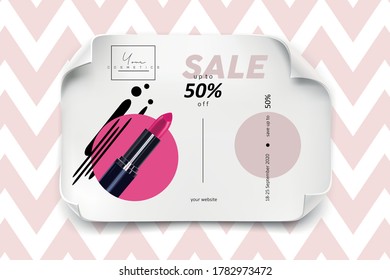 Cosmetics and fashion background with lipstick. Make-up sale banner template with place for your text. Vector cosmetics voucher, flyer, banner or web-site header design.