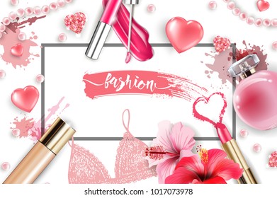 Cosmetics and fashion background with make up artist objects: lip gloss, perfume,pink pearl beads, sparkling hearts. Foundation, pink lipstick. Fashion and Valentines day Concept.