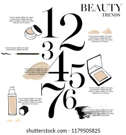 Cosmetics and fashion background with make up artist objects: foundation, Eyeliner, brush, smear, powder, concealer and stroke mascara. With place for your text Template Vector. Magazine concept style