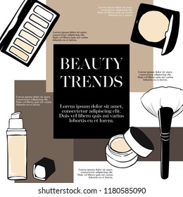 Cosmetics and fashion background with make up artist objects: foundation, brush, eyeshadow, powder, concealer and stroke mascara. Beauty trends Template Vector, place for your text. Magazine concept