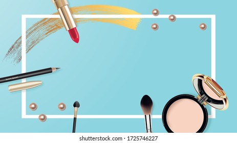 Cosmetics and fashion background with make up artist objects: lipstick, cream, brush, mascara, eyeshadow palette, nail polish. Make up template with place for your text. Vector.