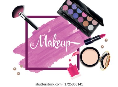 Cosmética y fondo de moda con objetos de maquillaje artístico: lápiz labial, cepillo, paleta de sombras, esmalte de uñas. Crear una plantilla con un lugar para el texto. Vector.