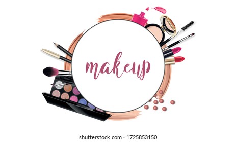 Cosmetics and fashion background with make up artist objects: lipstick, brush, mascara, eyeshadow palette, nail polish. Make up template with place for your text. Vector.