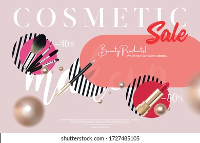 Cosmetics and fashion background with make up artist objects: Lipstick, mascara, eyeshadow palette tools, powder brush. Make up template with place for your text. Vector.