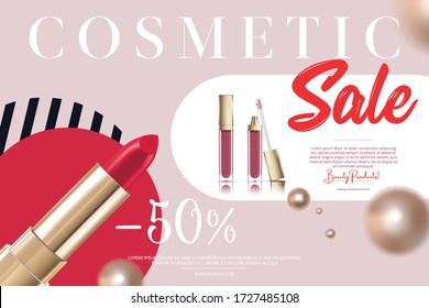 Cosmetics and fashion background with make up artist tools. Lipstick Cosmetics make-up sale banner template with place for your text. Vector cosmetics flyer.