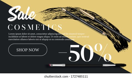 Cosmetics and fashion background with make up artist tools. Lipstick Cosmetics make-up sale banner template with place for your text. Vector cosmetics flyer.