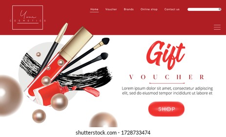 Cosmetics and fashion background with make up artist tools. Lipstick Cosmetics make-up sale banner template with place for your text. Vector cosmetics voucher, flyer, banner or web-site header.