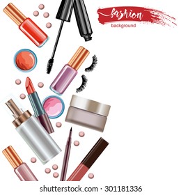 Cosmetics  and fashion background  with    make up artist objects: lipstick, eye shadows, mascara ,eyeliner, concealer, nail polish. Vector illustration.