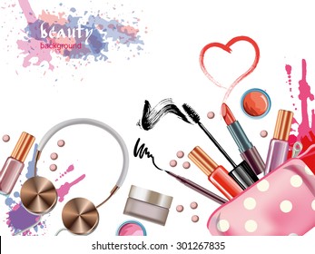 Cosmetics  and fashion background  with    make up artist objects: lipstick, eye shadows, mascara ,eyeliner,  nail polish. Vector illustration.