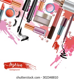 Cosmetics  and fashion background  with    make up artist objects: lipstick, eye shadows, mascara ,eyeliner,  nail polish. Vector illustration.